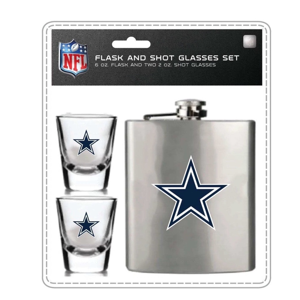 NFL Silver Flask and Shot Glass Set with Blue Star Logo